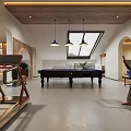 Modern Entertainment Room With Pool Table Fitness Equipment And Skylight