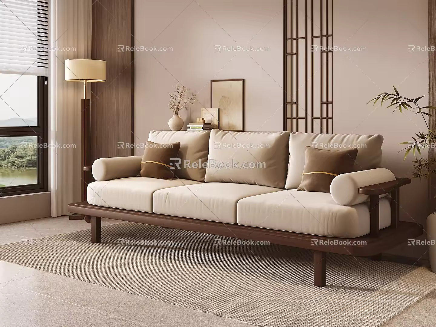 New Chinese-style three-person sofa 3d model