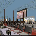 Vibrant Commercial Street With Decorative String Lights Folding Chairs And Outdoor Umbrellas Under Evening Sky