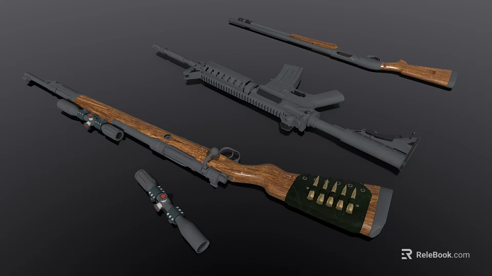 Weapons Display Featuring Rifles Sniper Scope And Ammunition On Black Background 3d model 