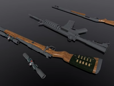 Weapons Display Featuring Rifles Sniper Scope And Ammunition On Black Background 3d model