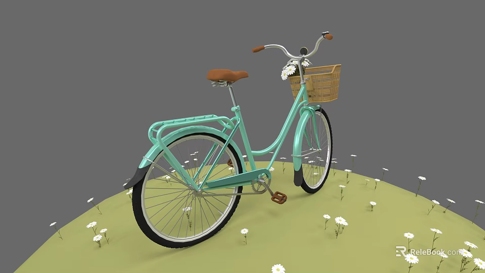 Light Blue Vintage Bicycle With Wicker Basket On Handlebars And White Flowers On Green Grass 3d model 