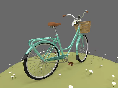 Light Blue Vintage Bicycle With Wicker Basket On Handlebars And White Flowers On Green Grass 3d model