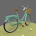 Light Blue Vintage Bicycle With Wicker Basket On Handlebars And White Flowers On Green Grass