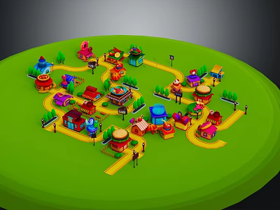 Cartoon Village Scene With Colorful Houses Winding Roads Trees And Street Lamps 3d model