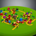 Cartoon Village Scene With Colorful Houses Winding Roads Trees And Street Lamps
