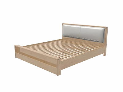 Modern Minimalist Double Bed With Wooden Frame And Grey Padded Headboard Slatted Base 3d model
