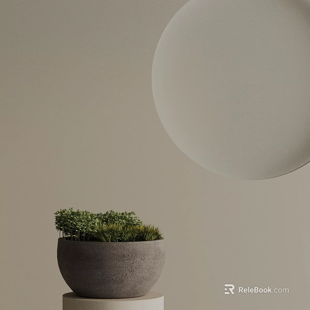 Gray Bonsai Pot with Green Plants on Light Brown Background and White Circular Object 3d model 