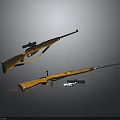Vintage Rifles With Wooden Stocks Scope Long Barrel And Bullets
