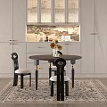 Elegant Round Brown Dining Table And Black Chairs With Golden Leg Accents Sunflowers White Cabinets