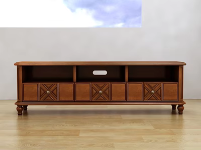 Classic Wooden TV Stand Design With Brown Finish And Decorative Storage Drawers On Floor 3d model