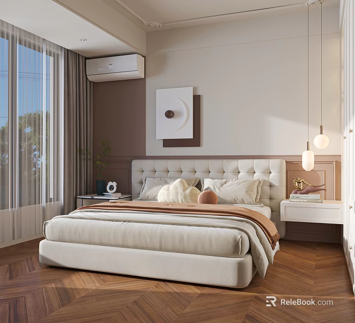 Cozy Modern Bedroom Featuring Soft Upholstered Headboard Bedside Tables Window Curtains and Wall Art 3d model 