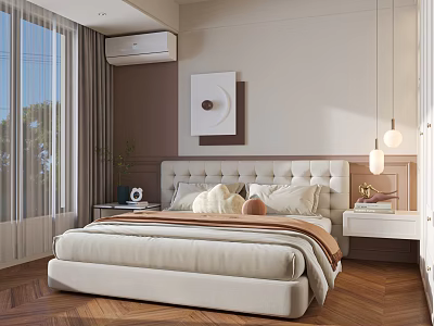Cozy Modern Bedroom Featuring Soft Upholstered Headboard Bedside Tables Window Curtains and Wall Art 3d model
