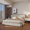 Cozy Modern Bedroom Featuring Soft Upholstered Headboard Bedside Tables Window Curtains and Wall Art
