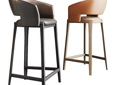 Modern Black And Brown Leather Bar Stools With High Back And Tall Legs 3d model