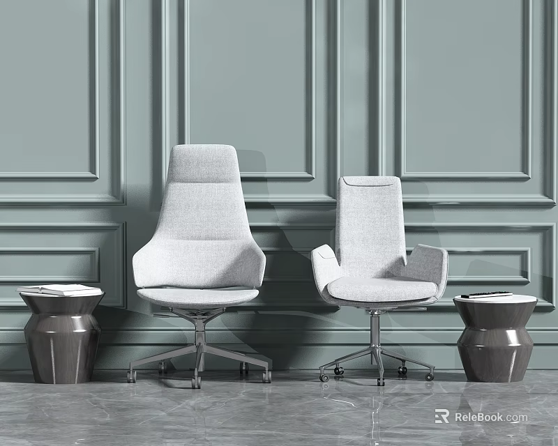 Gray Fabric Office Chairs With Wheels And Modern Back Design In Green Paneled Room 3d model 