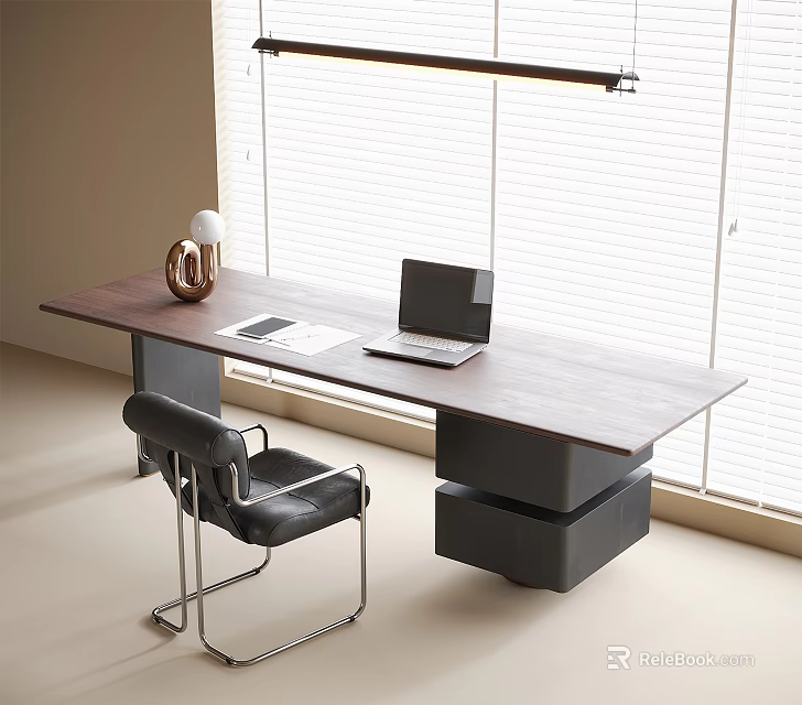 Modern Wooden Desk With Laptop Table Lamp Notebook And Leather Chair By Window Blinds 3d model 