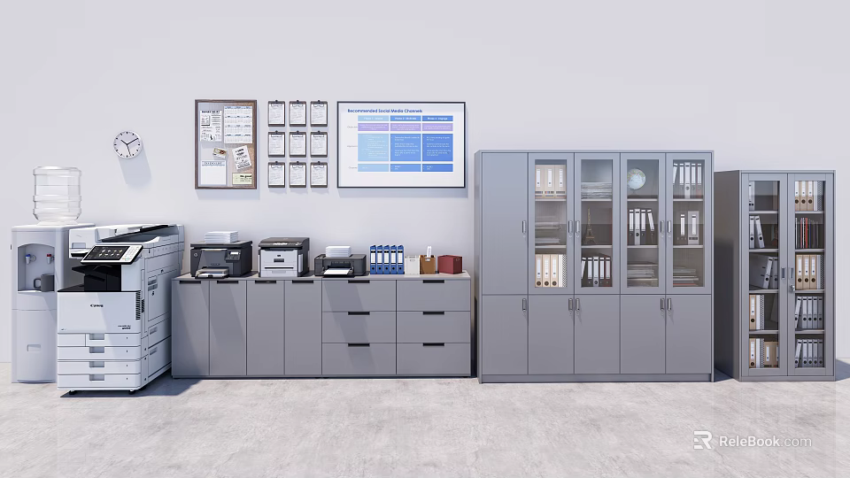 Gray Office Bookcase With Glass Doors Files Printer Filing Cabinets And Wall Charts 3d model 