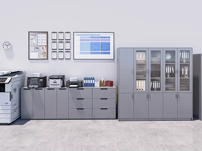 Gray Office Bookcase With Glass Doors Files Printer Filing Cabinets And Wall Charts 3d model