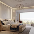 Elegant Modern Bedroom Interior With Decorative Ceiling Chandelier Paneled Wall And Wooden Flooring