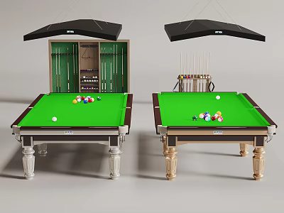 Two Billiard Tables with Green Felt Surface Billiard Balls Cues and Storage Cabinets 3d model