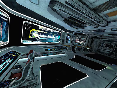 Futuristic Control Room Interior With Multiple Digital Screens And Metallic Consoles 3d model