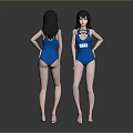Female Characters in Blue One-Piece Swimsuits Back View and Front View with Number Tag 014