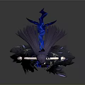 Anime Female Character In Blue Black Outfit With Purple Hair And Feathered Wings