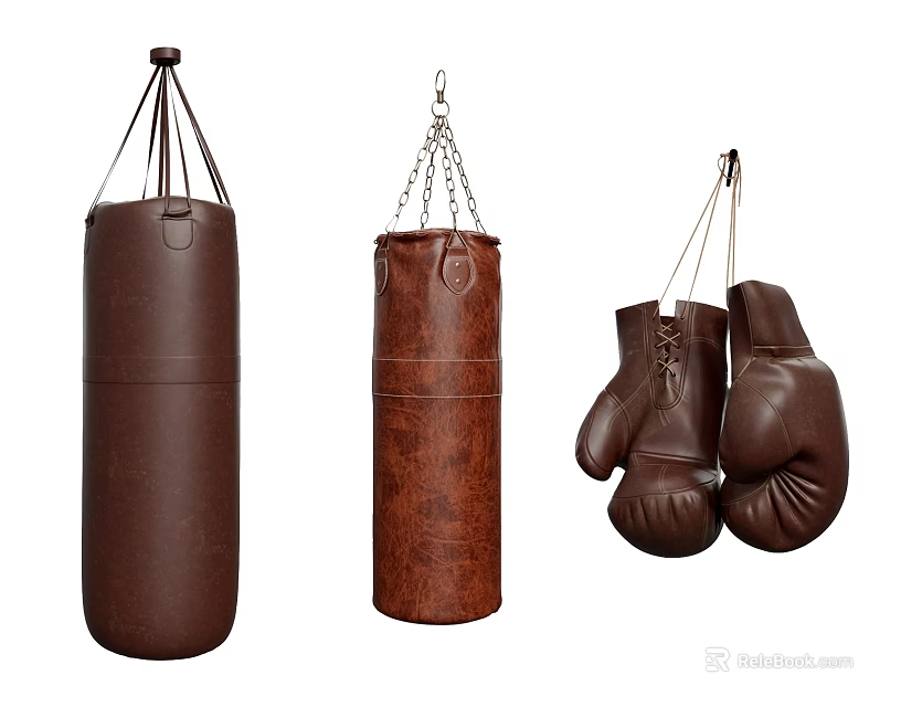 Boxing Sports Equipment With Hanging Punching Bags And Leather Gloves 3d model 
