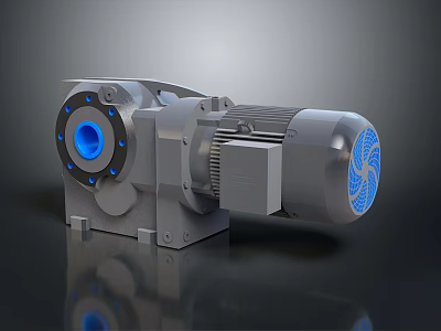 Industrial Gear Motor With Gray Housing Blue Circular Shaft And Cooling Fins 3d model