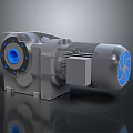 Industrial Gear Motor With Gray Housing Blue Circular Shaft And Cooling Fins