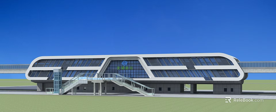 Modern Railway Station Architectural Design With Glass Facade And Staircase Entrance 3d model 