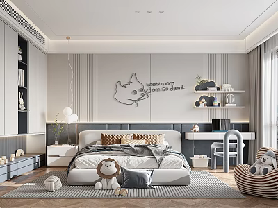 Cozy Modern Kids Room With Bed Pillows Stuffed Toys Desk Bookshelf And Decorative Wall Art 3d model