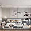 Cozy Modern Kids Room With Bed Pillows Stuffed Toys Desk Bookshelf And Decorative Wall Art