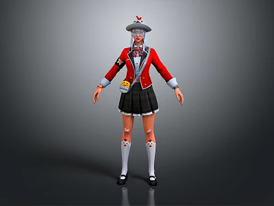 3D Game Character Wearing Red Coat Black Pleated Skirt With Hat Badge And White Socks 3d model