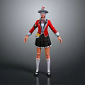 3D Game Character Wearing Red Coat Black Pleated Skirt With Hat Badge And White Socks