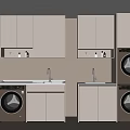 Modern Minimalist Bathroom Cabinetry With Washing Machines Sinks Upper Cabinets And Under Cabinet Lighting