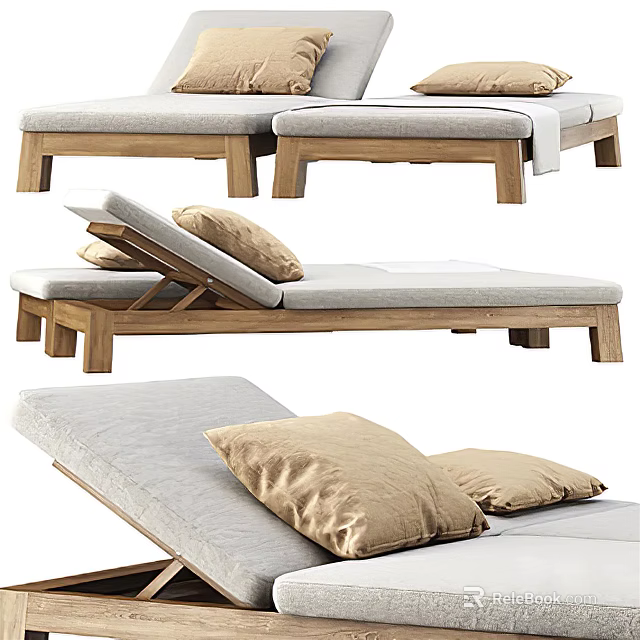Elegant Wooden Lounge Chair With Light Gray Cushions And Natural Wood Frame 3d model 