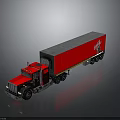 Red Commercial Truck with Red Trailer Gray Roof White Logo on Reflective Surface
