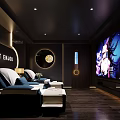 Modern SPA Sauna Interior With Comfortable Loungers Dark Wooden Walls Large TV And Green Plants