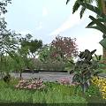 Vibrant Flowering Shrubs in Outdoor Garden With Colorful Flowers Lush Lawn And Palm Leaves