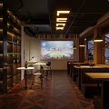 Modern Bar Interior Design With Blue Circular Ceiling Lights Wine Racks And Cozy Seating
