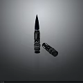 Metallic Bullet with Blue Sharp Tip and Detached Cartridge Case on Dark Reflective Surface
