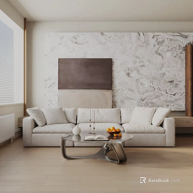 Light Colored Three Seater Sofa With Glass Coffee Table And Marble Wall Art 3d model 