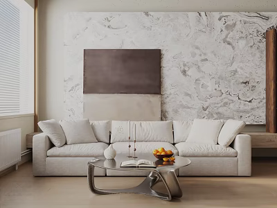 Light Colored Three Seater Sofa With Glass Coffee Table And Marble Wall Art 3d model