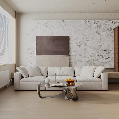 Light Colored Three Seater Sofa With Glass Coffee Table And Marble Wall Art 3d model