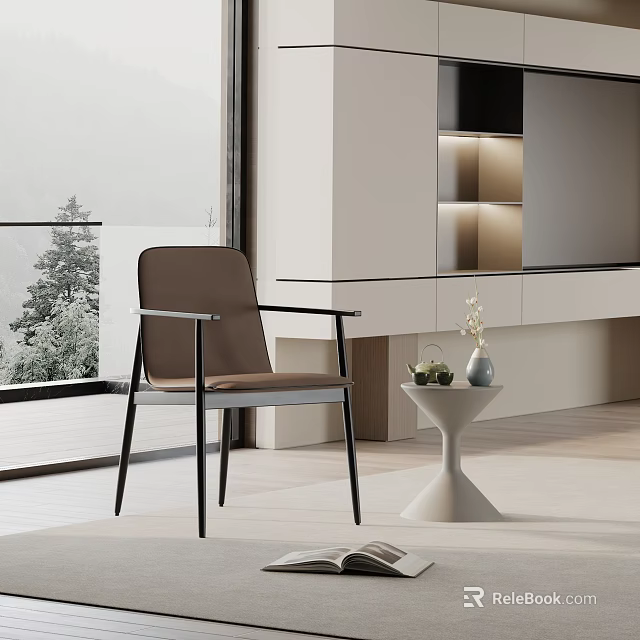 Modern Dining Chair With Brown Upholstery And Black Metal Frame In Bright Room 3d model 