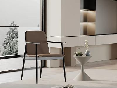 Modern Dining Chair With Brown Upholstery And Black Metal Frame In Bright Room 3d model