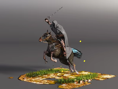 Hooded Figure Riding Leaping Horse Wielding Sword On Grass Patch With Yellow Light Orbs 3d model