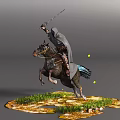 Hooded Figure Riding Leaping Horse Wielding Sword On Grass Patch With Yellow Light Orbs
